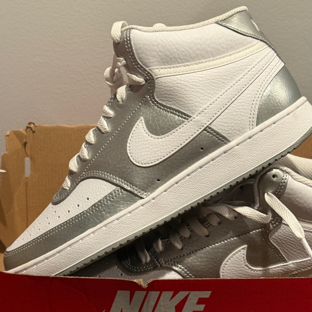 Womens Nike White and Silver High-Top Sneakers 9.5